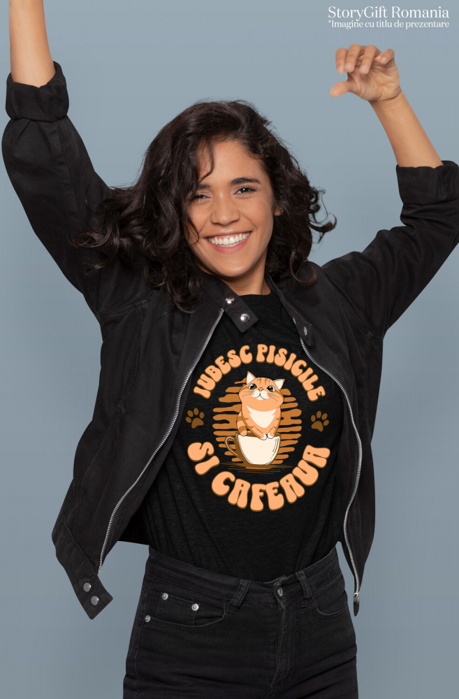 Tricou Femei, Barbati, Copii, Fata, Baiat, Unisex Personalizat „Cană Personalizată „Iubesc Pisicile Și Cafeaua” – Cadou Amuzant pentru Iubitorii de Pisici și Cafea” [2]