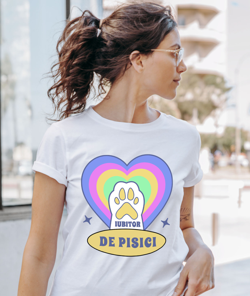 Tricou Femei, Barbati, Copii, Fata, Baiat, Unisex Personalizat Lăbuță Pisică Albă În Inimă Multicolor „Iubitor De Pisici” – Cadou Personalizat Pentru Iubitorii De Pisici [2]