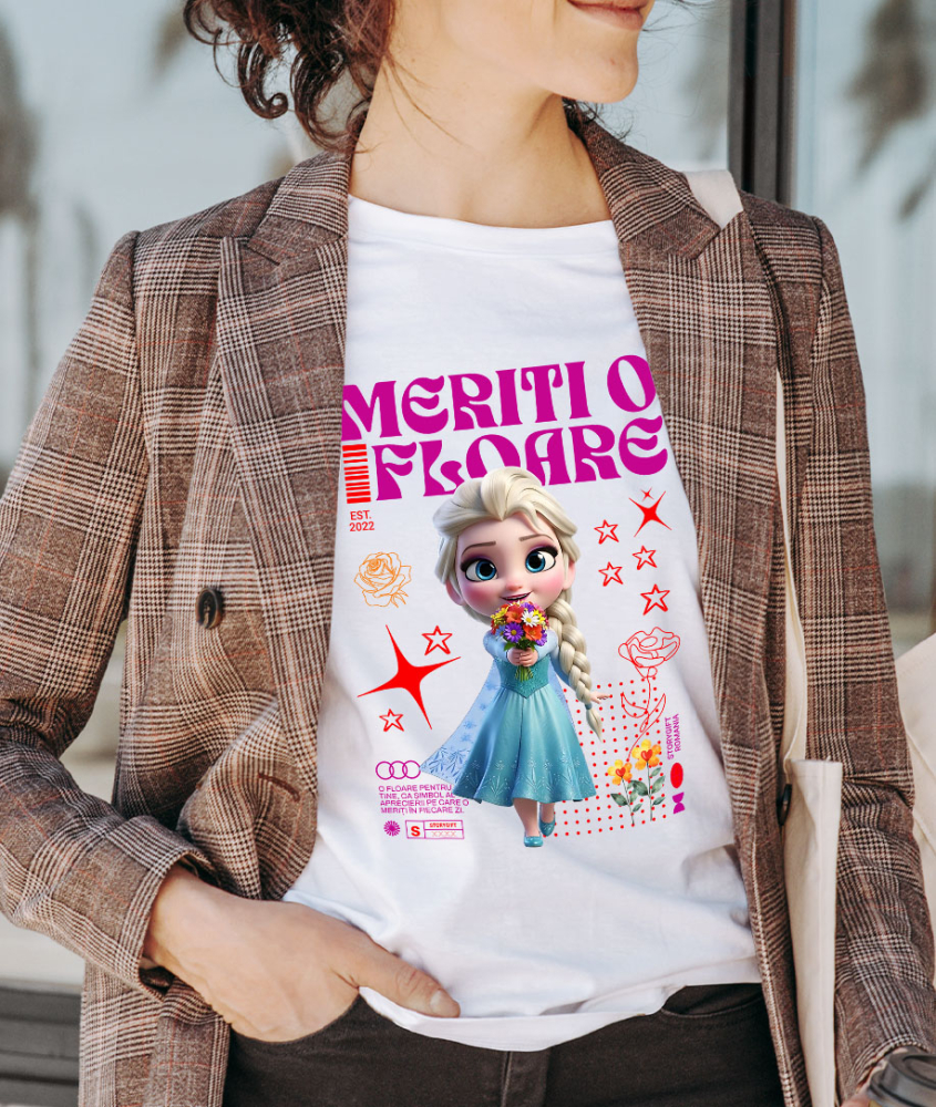 Tricou Femei cu Lumea Disney si Flori cu Elsa 100% Bumbac, Alb, M [2]