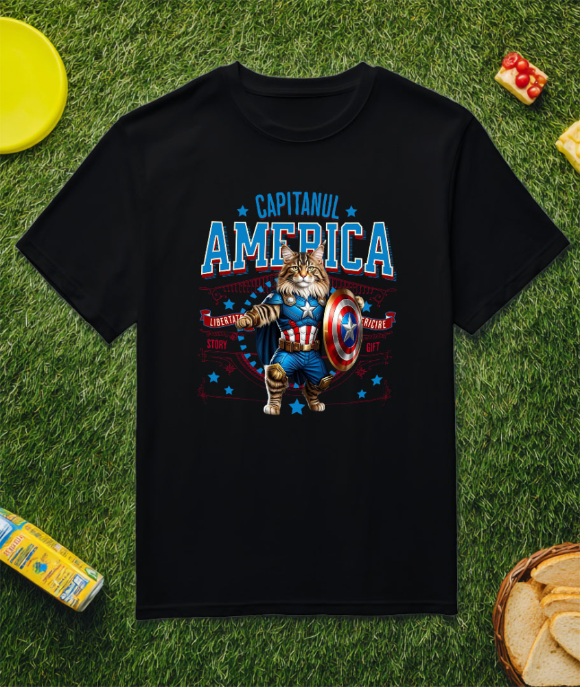 Tricou Femei, Barbati, Copii, Fata, Baiat, Unisex Personalizat Pisica Maine Coon în Costum de Captain America cu Pelerină - Cadou Personalizat pentru Copii și Iubitorii de Pisici [3]