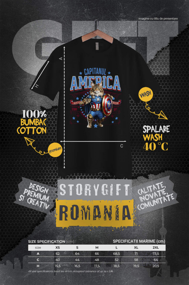 Tricou Femei, Barbati, Copii, Fata, Baiat, Unisex Personalizat Pisica Maine Coon în Costum de Captain America cu Pelerină - Cadou Personalizat pentru Copii și Iubitorii de Pisici [4]
