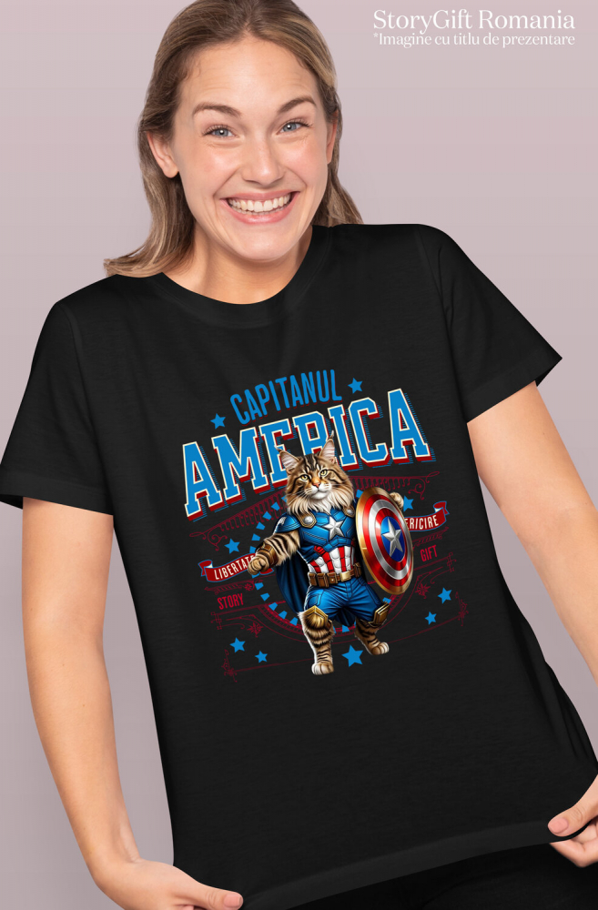 Tricou Femei, Barbati, Copii, Fata, Baiat, Unisex Personalizat Pisica Maine Coon în Costum de Captain America cu Pelerină - Cadou Personalizat pentru Copii și Iubitorii de Pisici [2]