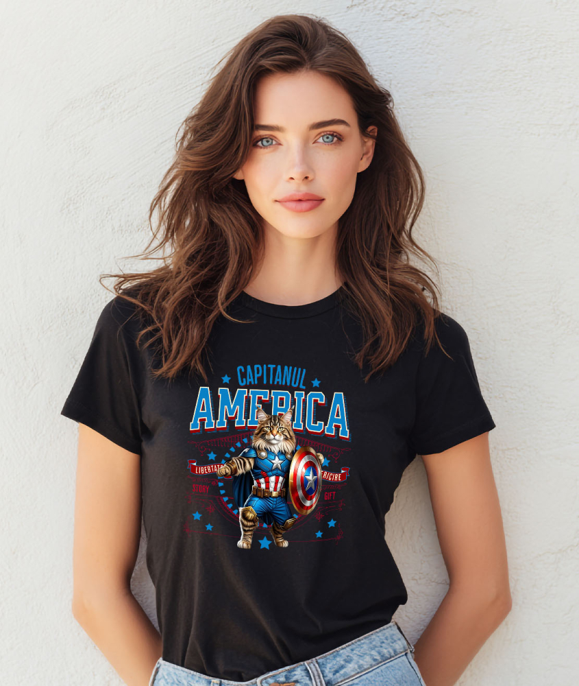 Tricou Femei, Barbati, Copii, Fata, Baiat, Unisex Personalizat Pisica Maine Coon în Costum de Captain America cu Pelerină - Cadou Personalizat pentru Copii și Iubitorii de Pisici [2]