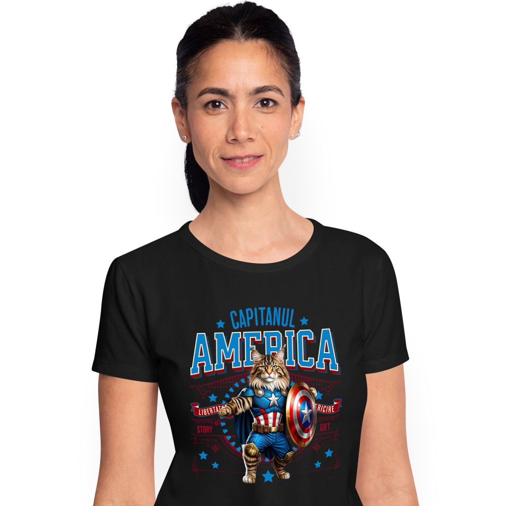 Tricou Femei, Barbati, Copii, Fata, Baiat, Unisex Personalizat Pisica Maine Coon în Costum de Captain America cu Pelerină - Cadou Personalizat pentru Copii și Iubitorii de Pisici [1]