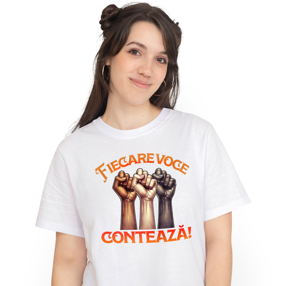 Tricou Femei, Barbati, Copii, Fata, Baiat, Unisex Personalizat „Fiecare Voce Contează” - Mâini Unite, Nuanțe Diverse | Cadou Inspirational Personalizat pentru Familie și Prieteni [1]