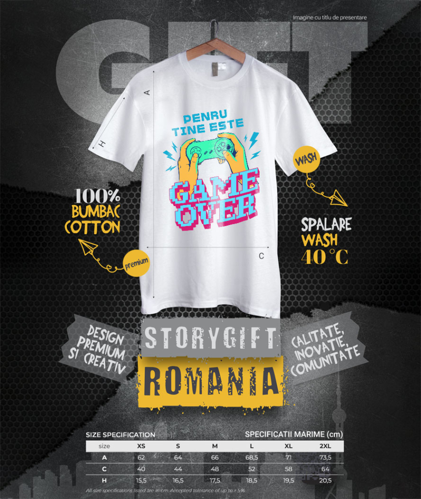 Tricou Femei, Barbati, Copii, Fata, Baiat, Unisex Personalizat Game Over - Maneta Jocuri Video în Mâini - Cadou Personalizat Gaming [4]
