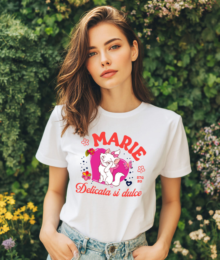 Tricou Femei cu Marie – Pisicuta Cu Stil si Inima Mare 100% Bumbac, Alb, XS [2]
