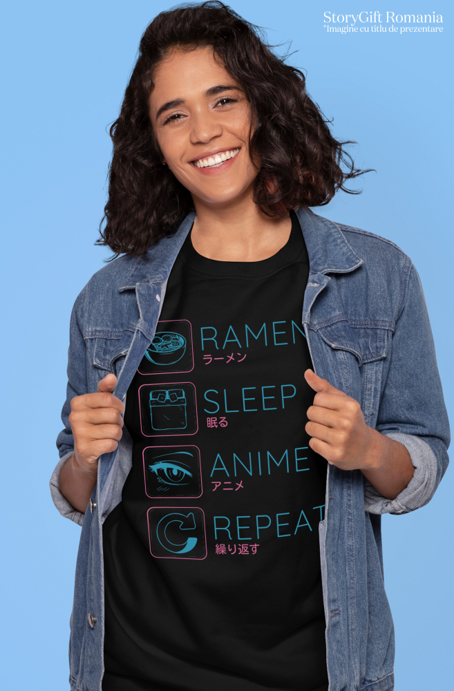 Tricou Femei Cu Mesaj Haios Ramen Sleep Anime Repeat, Mancare Asiatica, Anime, Cadou Pentru Iubitorii De Cultura Asiatica, Albastru  cu imprimeu pe Fata, 100% Bumbac, Negru, M [2]