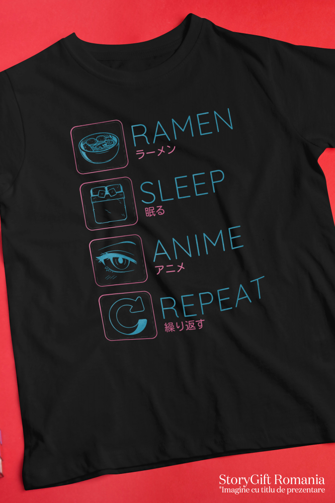 Tricou Femei Cu Mesaj Haios Ramen Sleep Anime Repeat, Mancare Asiatica, Anime, Cadou Pentru Iubitorii De Cultura Asiatica, Albastru  cu imprimeu pe Fata, 100% Bumbac, Negru, M [3]