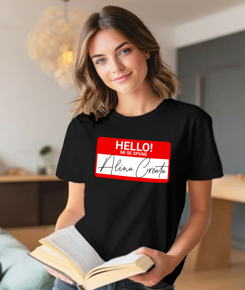 Tricou Femei, Barbati, Copii, Fata, Baiat, Unisex Personalizat Mesaj Haios Roșu "Hello Mi Se Spune Alina" - Insignă Personalizată pentru Angajați, Familie și Prieteni [2]