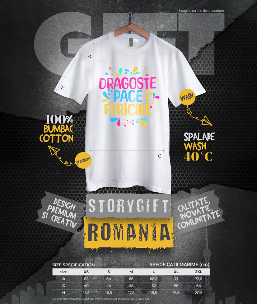 Tricou Femei, Barbati, Copii, Fata, Baiat, Unisex Personalizat Dagste Pace Fericire – Tricou Personalizat cu Mesaj Inspirațional Colorat [4]
