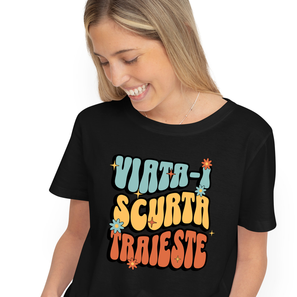 Tricou Femei, Barbati, Copii, Fata, Baiat, Unisex Personalizat „Viața-i scurtă, trăiește!” - Mesaj Inspirational cu Flori Colorate | Cadou Personalizat pentru Familie și Prieteni [1]