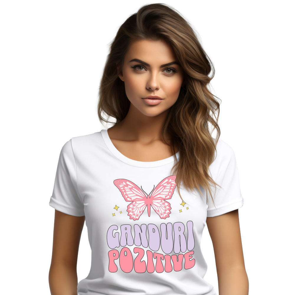 Tricou Femei, Barbati, Copii, Fata, Baiat, Unisex Personalizat Gânduri Pozitive – Fluture Roz, Cadou Personalizat Motivațional [1]