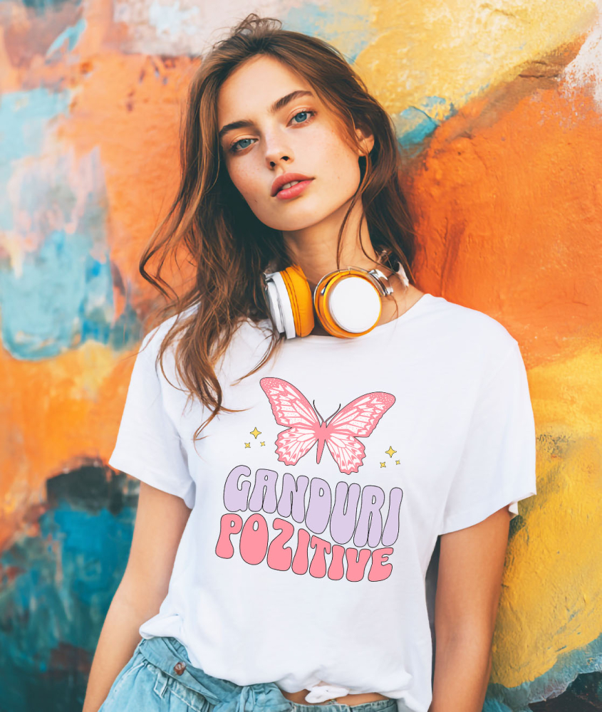 Tricou Femei, Barbati, Copii, Fata, Baiat, Unisex Personalizat Gânduri Pozitive – Fluture Roz, Cadou Personalizat Motivațional [2]