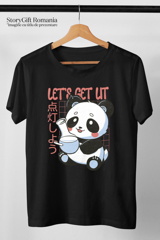Tricou Femei Cu Mesaj Let's Get Lit, Panda, Grid, Japonez, Bong, Multicolor  cu imprimeu pe Fata, 100% Bumbac, Negru, M [2]