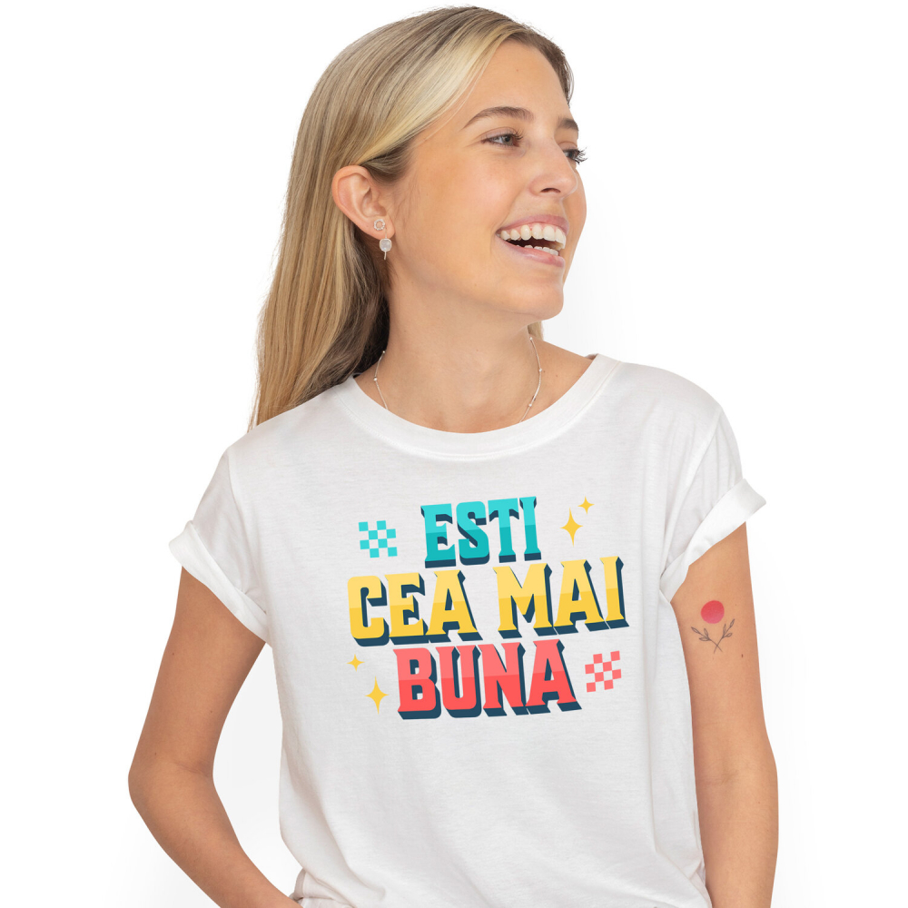 Tricou Femei, Barbati, Copii, Fata, Baiat, Unisex Personalizat „Ești Cea Mai Bună” – Cadou Romantic Personalizat cu Steagul României | Mesaj de Iubire [1]