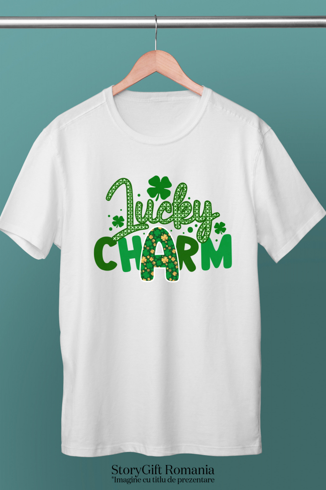 Tricou Femei cu mesajul "Lucky charm", ilustratie, motivational, amuleta, norocoasa, farmec, trifoi  cu imprimeu pe Fata, 100% Bumbac, Alb, S [3]
