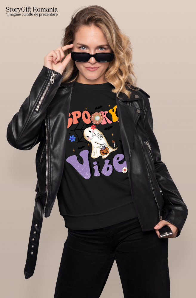 Tricou Femei cu mesajul "Spooky vibe", ilustratie, Halloween, sarbatoare, octombrie, emotie, sentimente, simti, infricosator, sperie, fantoma, dovleac  cu imprimeu pe Fata, 100% Bumbac, Negru, XS [2]
