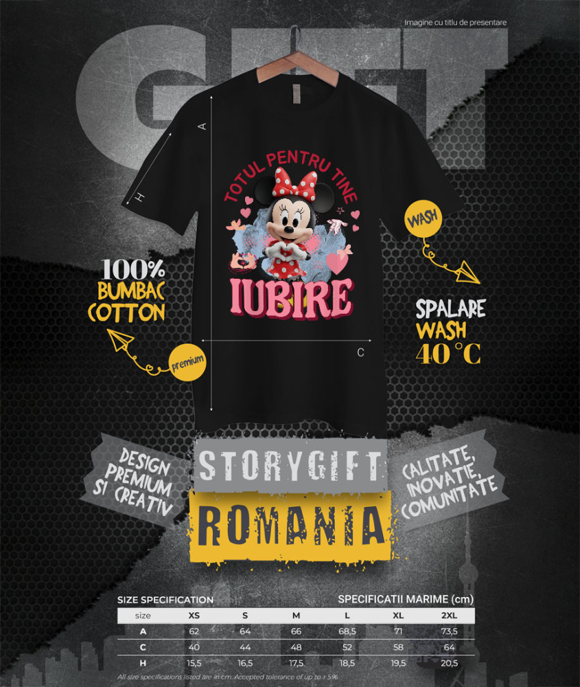 Tricou Femei cu Minnie Mouse, Iubire, Dragoste, Afectiune, Inima 100% Bumbac, Negru, XL [4]