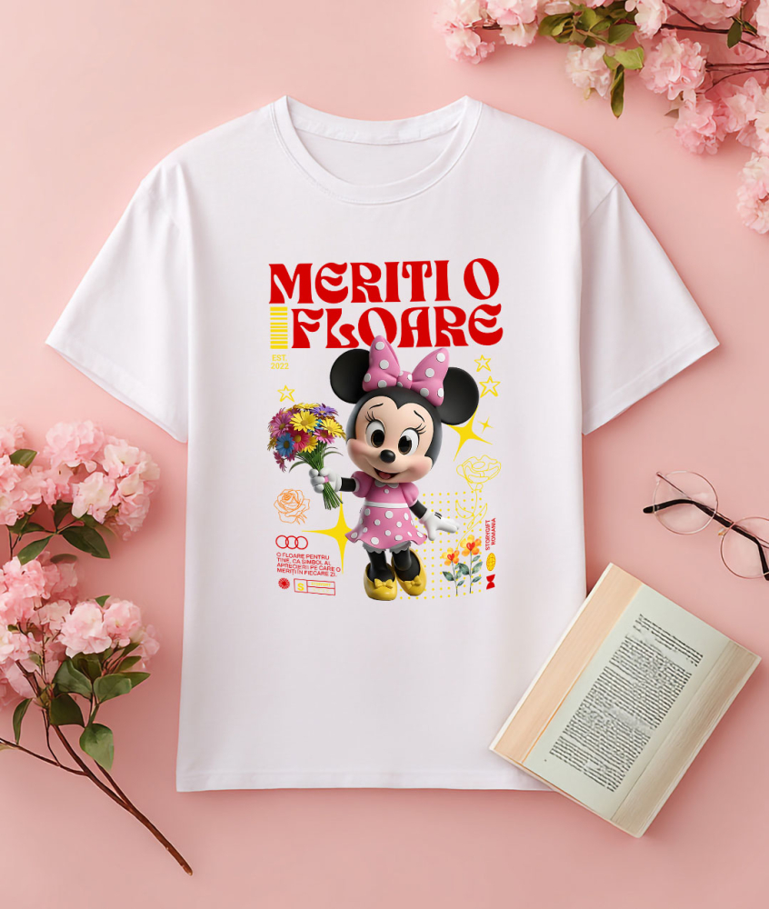 Tricou Femei cu Minnie Mouse Rasete si Flori Disney 100% Bumbac, Alb, XL [3]
