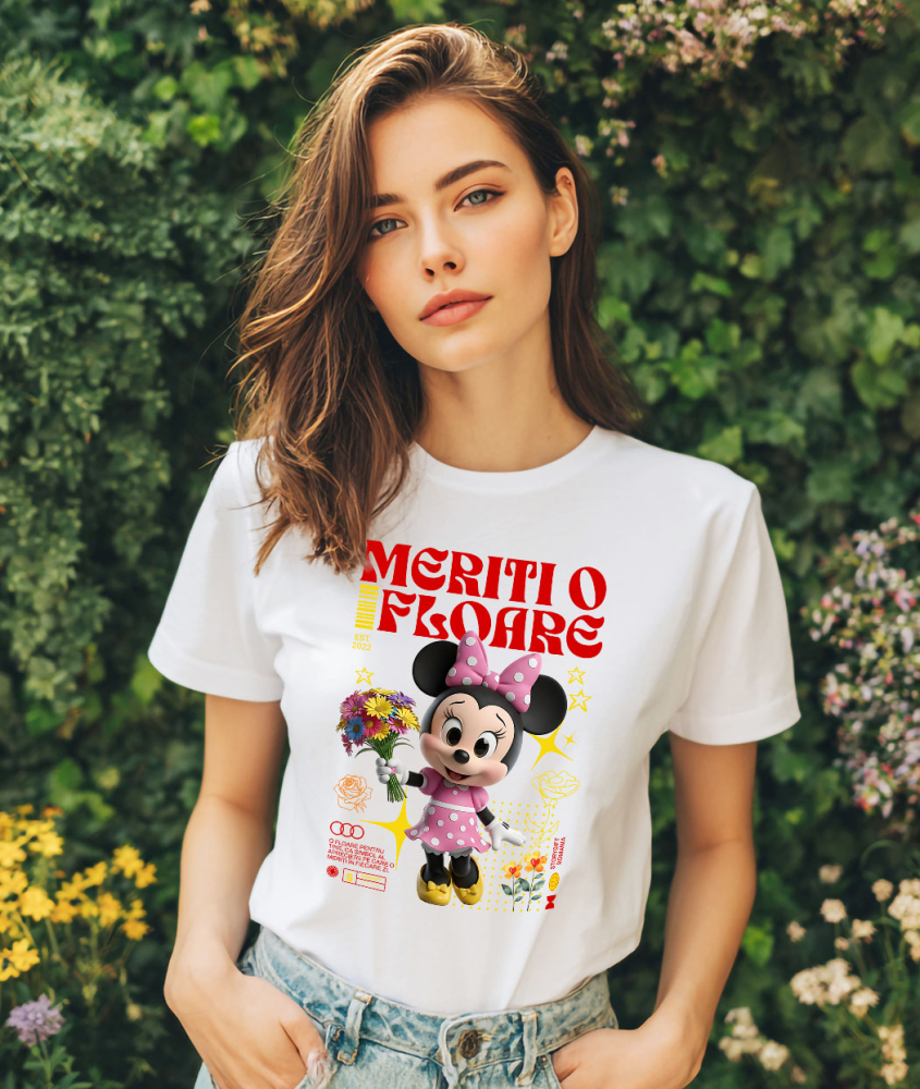 Tricou Femei cu Minnie Mouse Rasete si Flori Disney 100% Bumbac, Alb, XL [2]