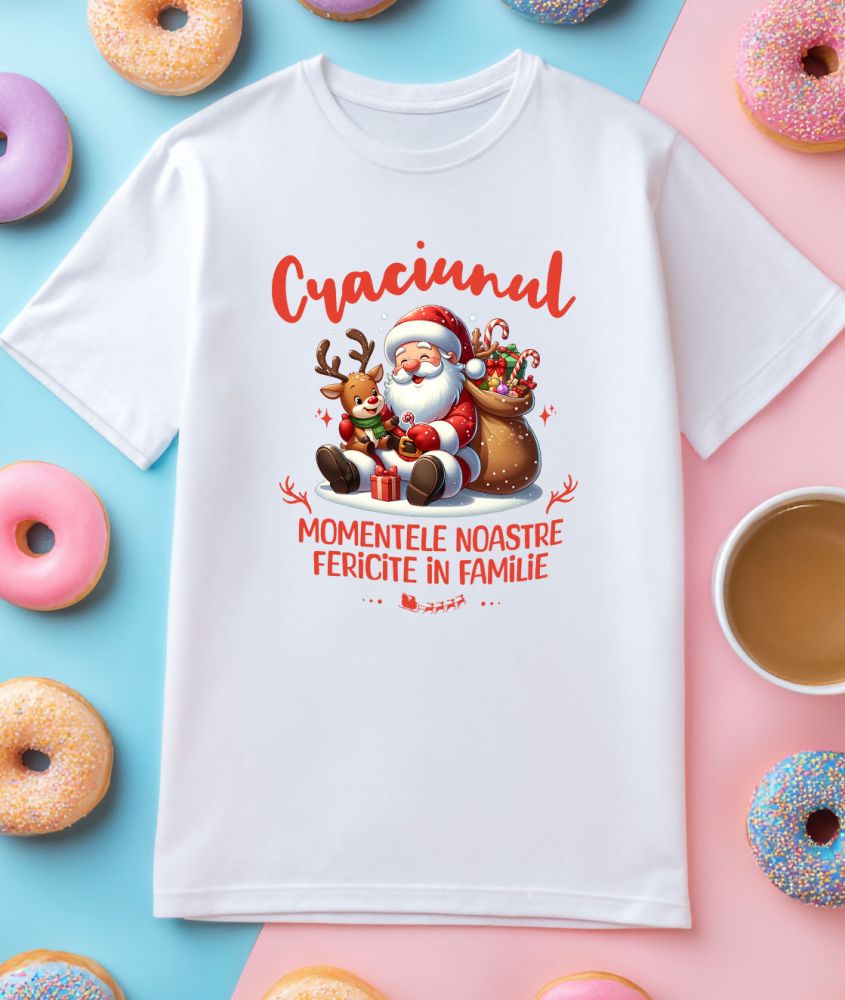 Tricou Femei, Barbati, Copii, Fata, Baiat, Unisex Personalizat Moș Crăciun Animat cu Ren și Sac de Cadouri - Momente Fericite în Familie [3]