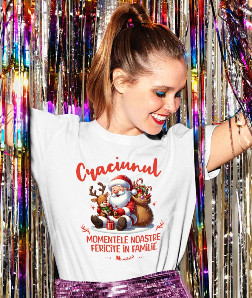 Tricou Femei, Barbati, Copii, Fata, Baiat, Unisex Personalizat Moș Crăciun Animat cu Ren și Sac de Cadouri - Momente Fericite în Familie [2]