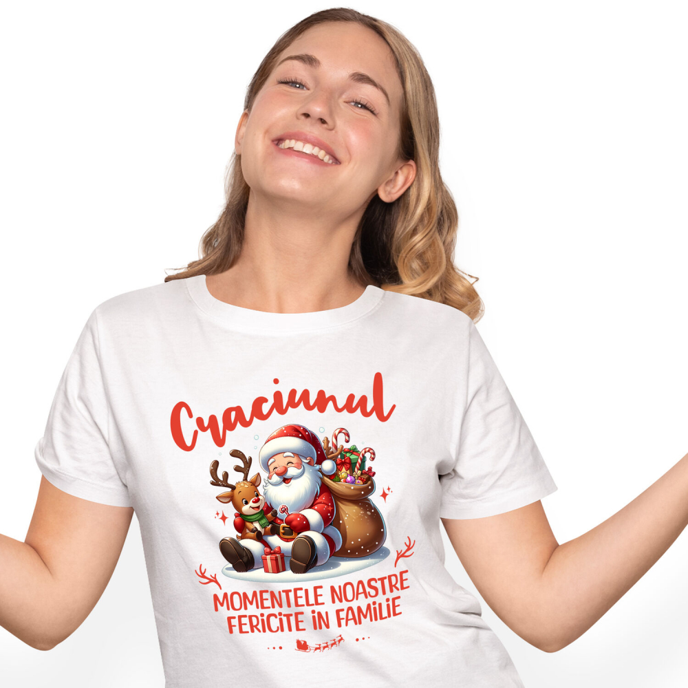 Tricou Femei, Barbati, Copii, Fata, Baiat, Unisex Personalizat Moș Crăciun Animat cu Ren și Sac de Cadouri - Momente Fericite în Familie [1]