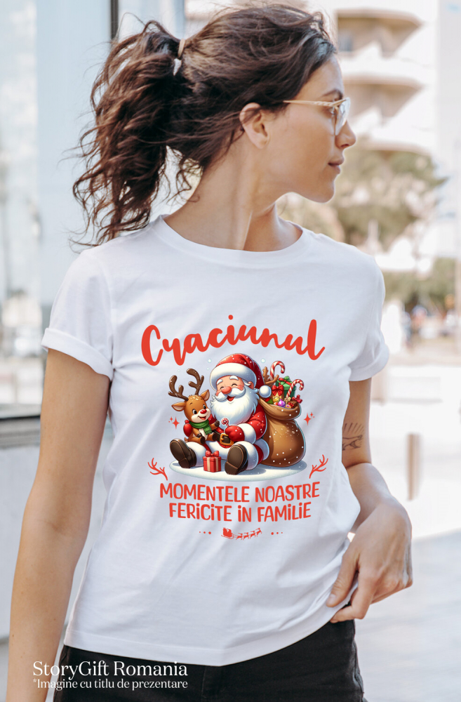 Tricou Femei, Barbati, Copii, Fata, Baiat, Unisex Personalizat Moș Crăciun Animat cu Ren și Sac de Cadouri - Momente Fericite în Familie [2]