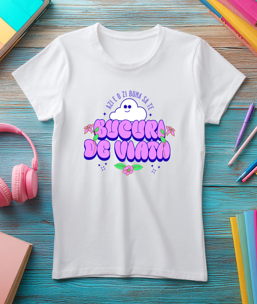 Tricou Femei, Barbati, Copii, Fata, Baiat, Unisex Personalizat Bucură-te de Viață – Tricou Personalizat cu Norișor Pufos și Mesaj Inspirațional [3]
