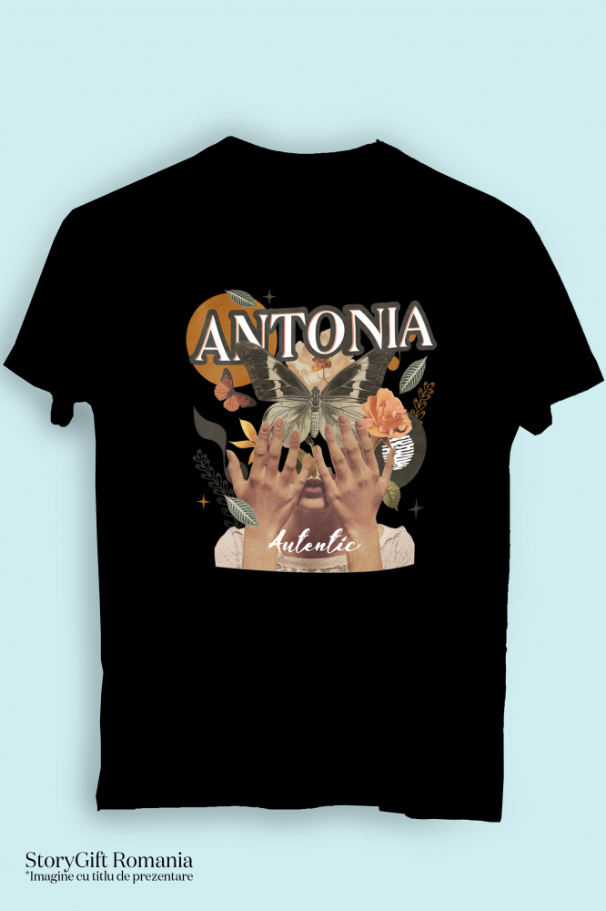 Tricou Femei Cu Numele Antonia, Colaj Fata, Fluture, Flori, Cerc,  cu imprimeu pe Fata, 100% Bumbac, Negru, L [3]