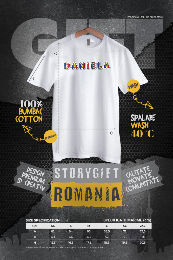 Tricou Femei Cu Numele Daniela, Romania, Suporter, Steagul Romaniei, Patriot,  cu imprimeu pe Fata, 100% Bumbac, Alb, XL [3]