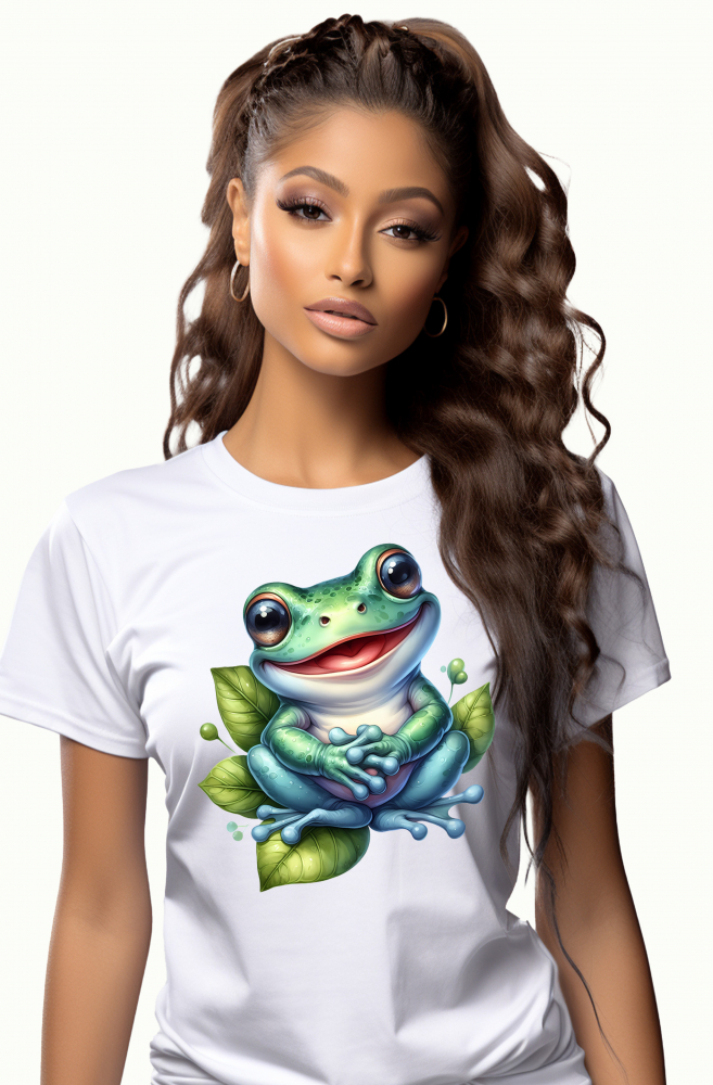 Tricou Femei cu o broasca vesela, ilustratie, frunze, apa, lac, balta, fericire, natura, libertate, rade,  cu imprimeu pe Fata, 100% Bumbac, Alb, XS [1]