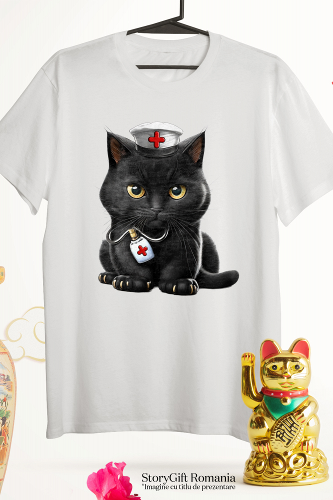 Tricou Femei cu o pisica neagra serioasa, ilustratie, medicina, asistenta medicala, pentru iubitorii de pisici,  cu imprimeu pe Fata, 100% Bumbac, Alb, L [3]