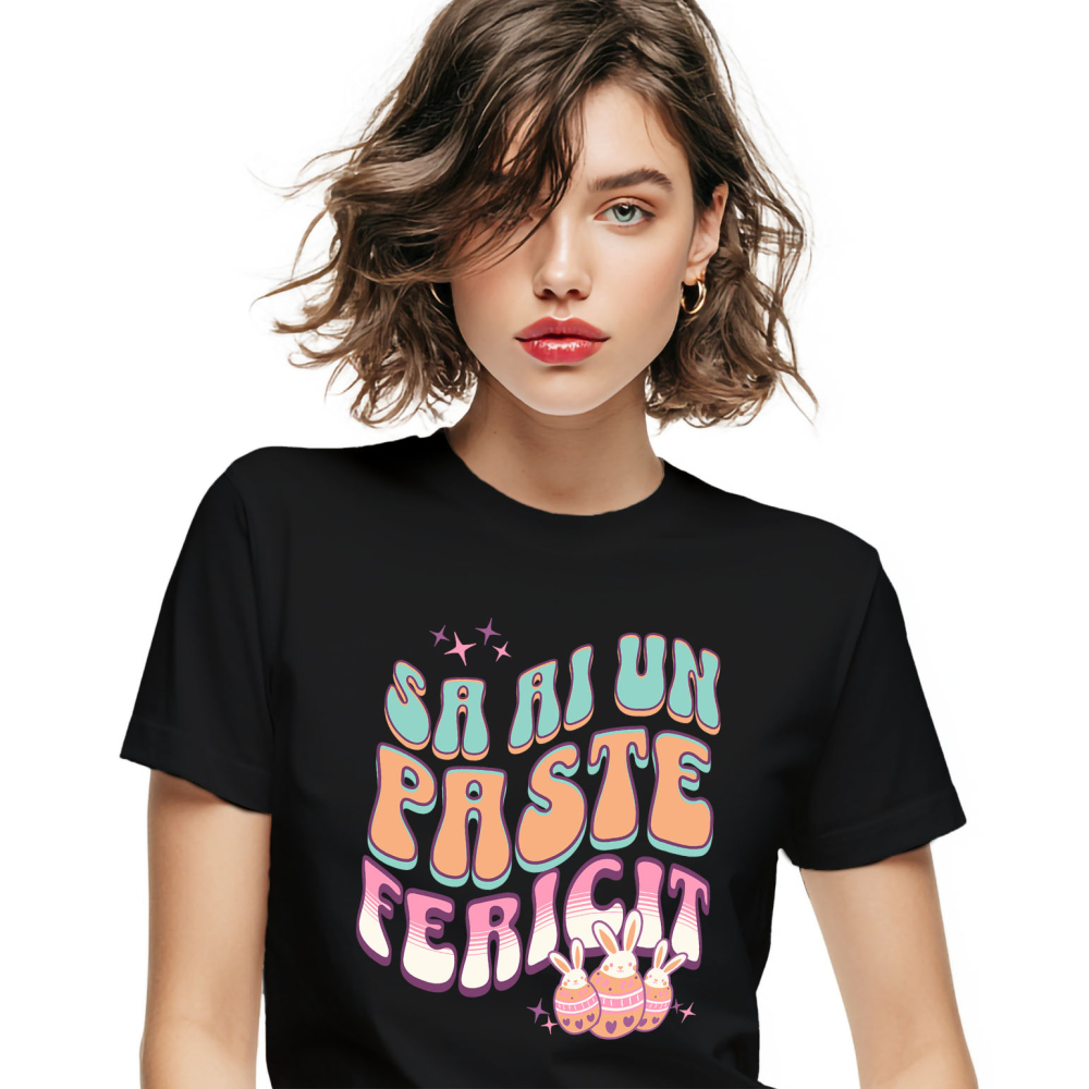 Tricou Femei, Barbati, Copii, Fata, Baiat, Unisex Personalizat "Ouă Colorate cu Iepuri Albi - Paște Fericit, Cadou de Sărbători" [1]
