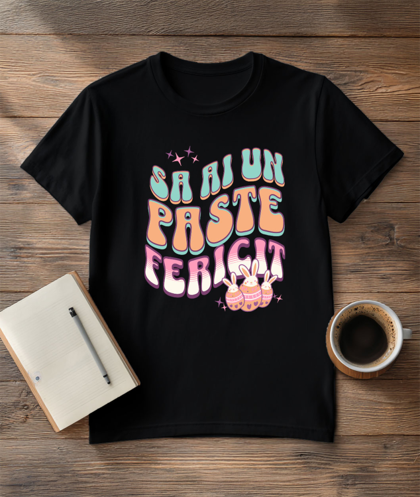 Tricou Femei, Barbati, Copii, Fata, Baiat, Unisex Personalizat "Ouă Colorate cu Iepuri Albi - Paște Fericit, Cadou de Sărbători" [3]