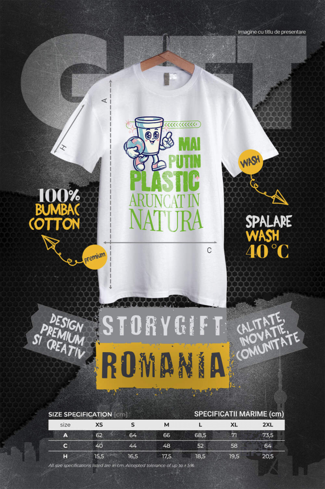 Tricou Femei, Barbati, Copii, Fata, Baiat, Unisex Personalizat "Pahar Ecologic cu Planeta Pământ – Mai Puțin Plastic Aruncat în Natură" [4]