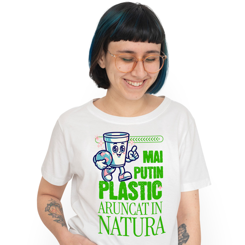 Tricou Femei, Barbati, Copii, Fata, Baiat, Unisex Personalizat "Pahar Ecologic cu Planeta Pământ – Mai Puțin Plastic Aruncat în Natură" [1]