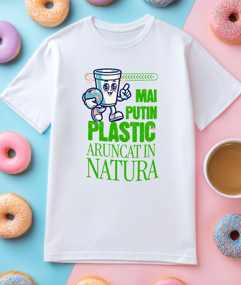 Tricou Femei, Barbati, Copii, Fata, Baiat, Unisex Personalizat "Pahar Ecologic cu Planeta Pământ – Mai Puțin Plastic Aruncat în Natură" [3]