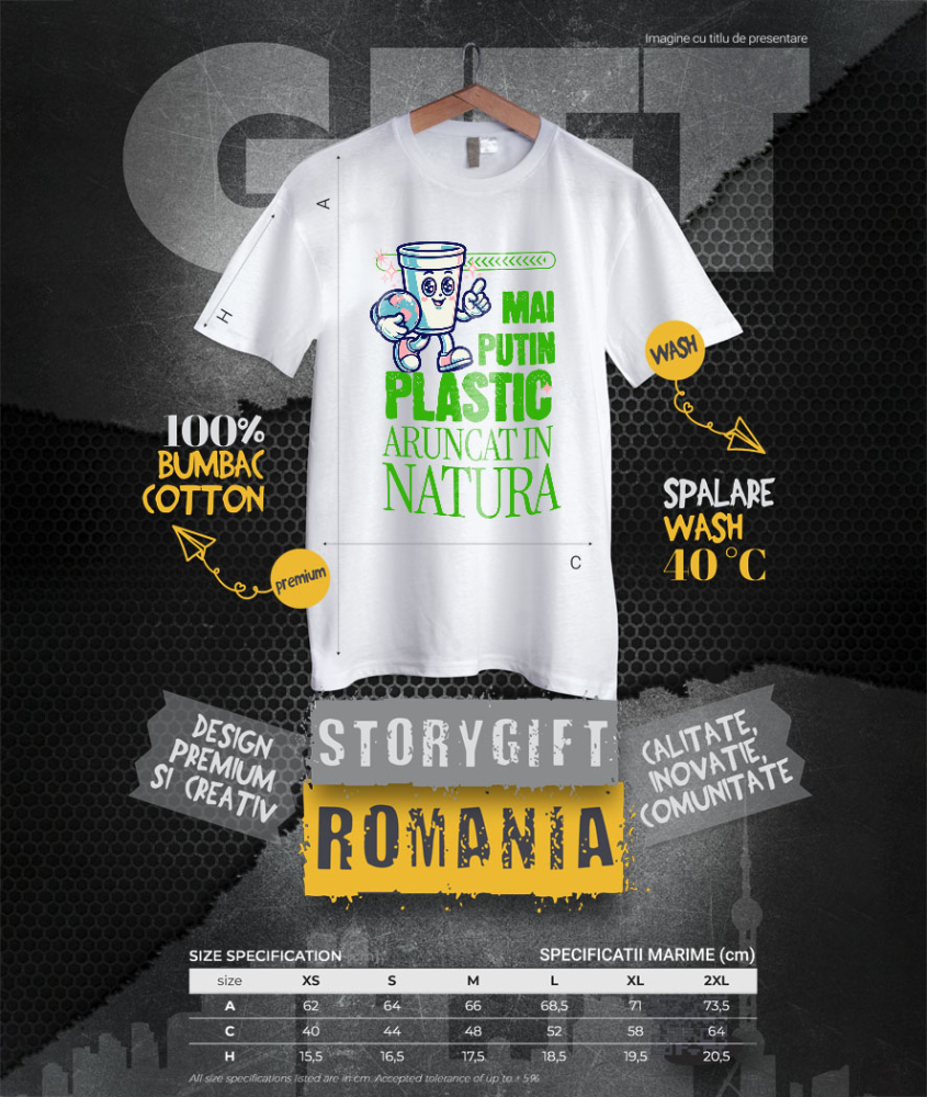 Tricou Femei, Barbati, Copii, Fata, Baiat, Unisex Personalizat "Pahar Ecologic cu Planeta Pământ – Mai Puțin Plastic Aruncat în Natură" [4]