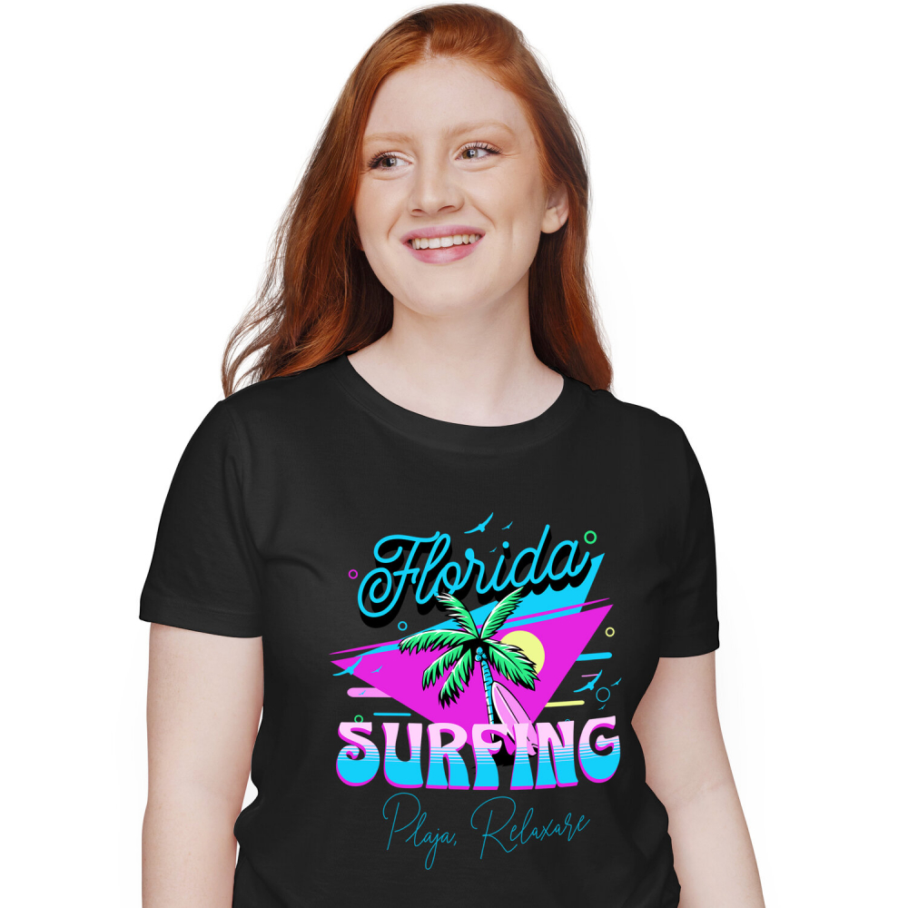 Tricou Femei, Barbati, Copii, Fata, Baiat, Unisex Personalizat "Produse personalizate pentru vacanță – Palmier cu nuci de cocos și placă de surf în Florida pentru surfing" [1]