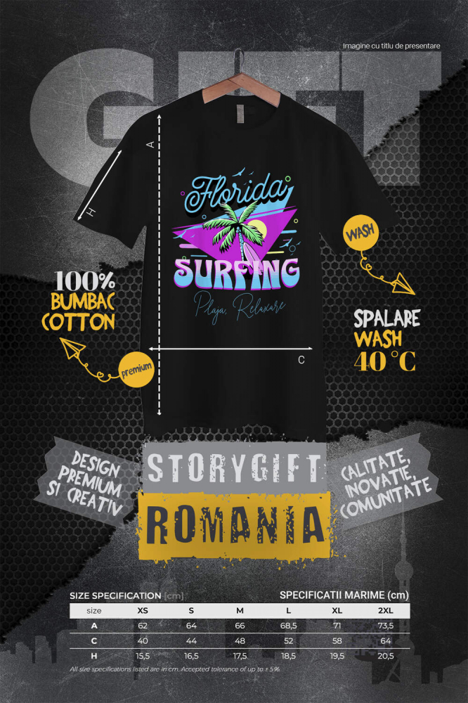 Tricou Femei, Barbati, Copii, Fata, Baiat, Unisex Personalizat "Produse personalizate pentru vacanță – Palmier cu nuci de cocos și placă de surf în Florida pentru surfing" [4]