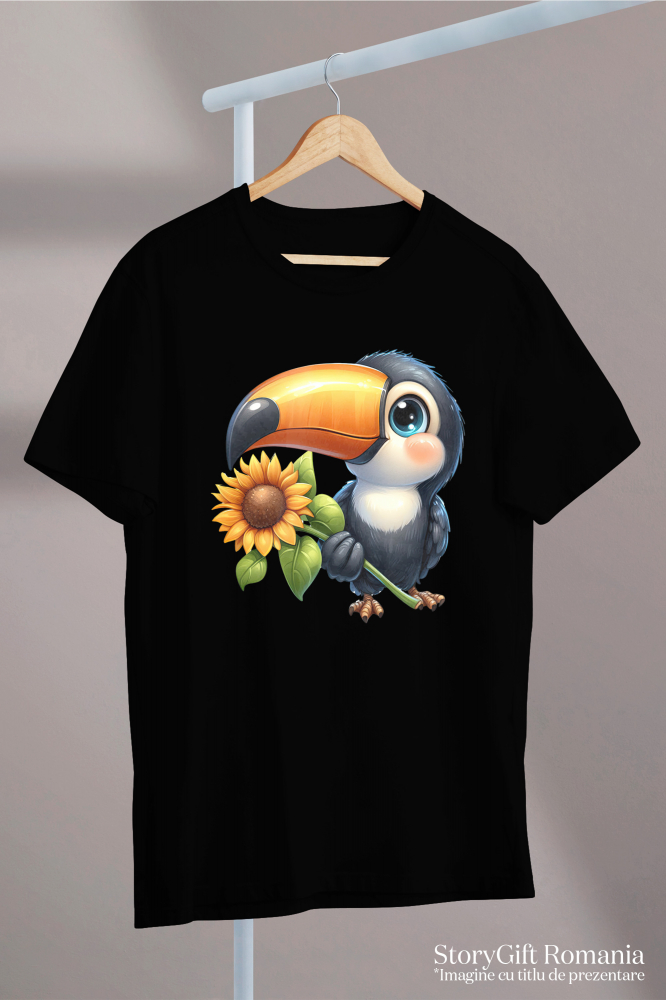 Tricou Femei cu pasarea Tucan, vesela, ilustratie, tine o floare, natura, floarea-soarelui, recolta,  cu imprimeu pe Fata, 100% Bumbac, Negru, L [3]