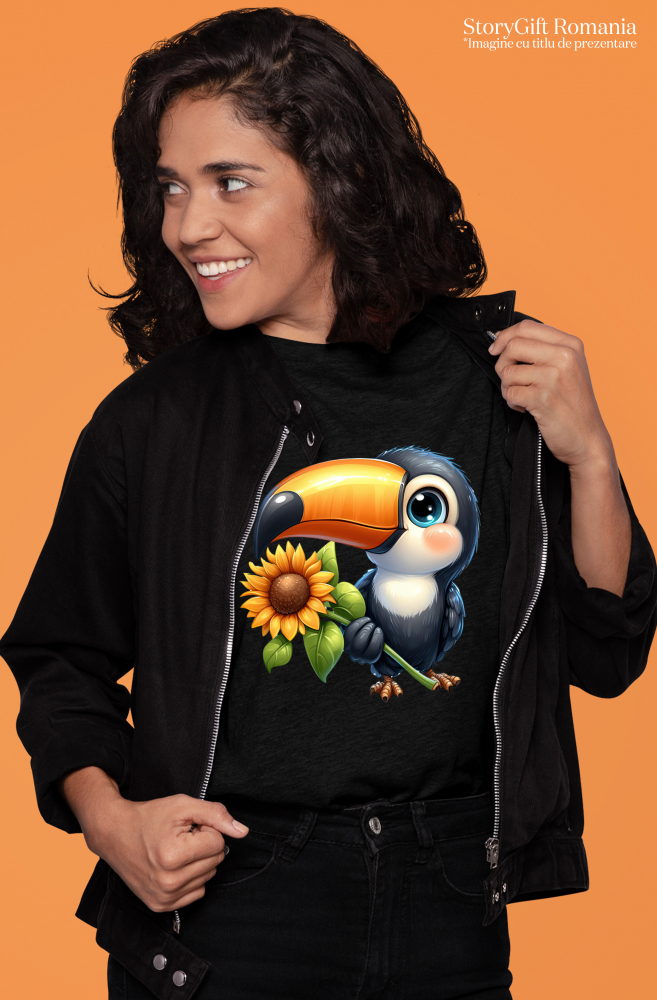Tricou Femei cu pasarea Tucan, vesela, ilustratie, tine o floare, natura, floarea-soarelui, recolta,  cu imprimeu pe Fata, 100% Bumbac, Negru, L [2]