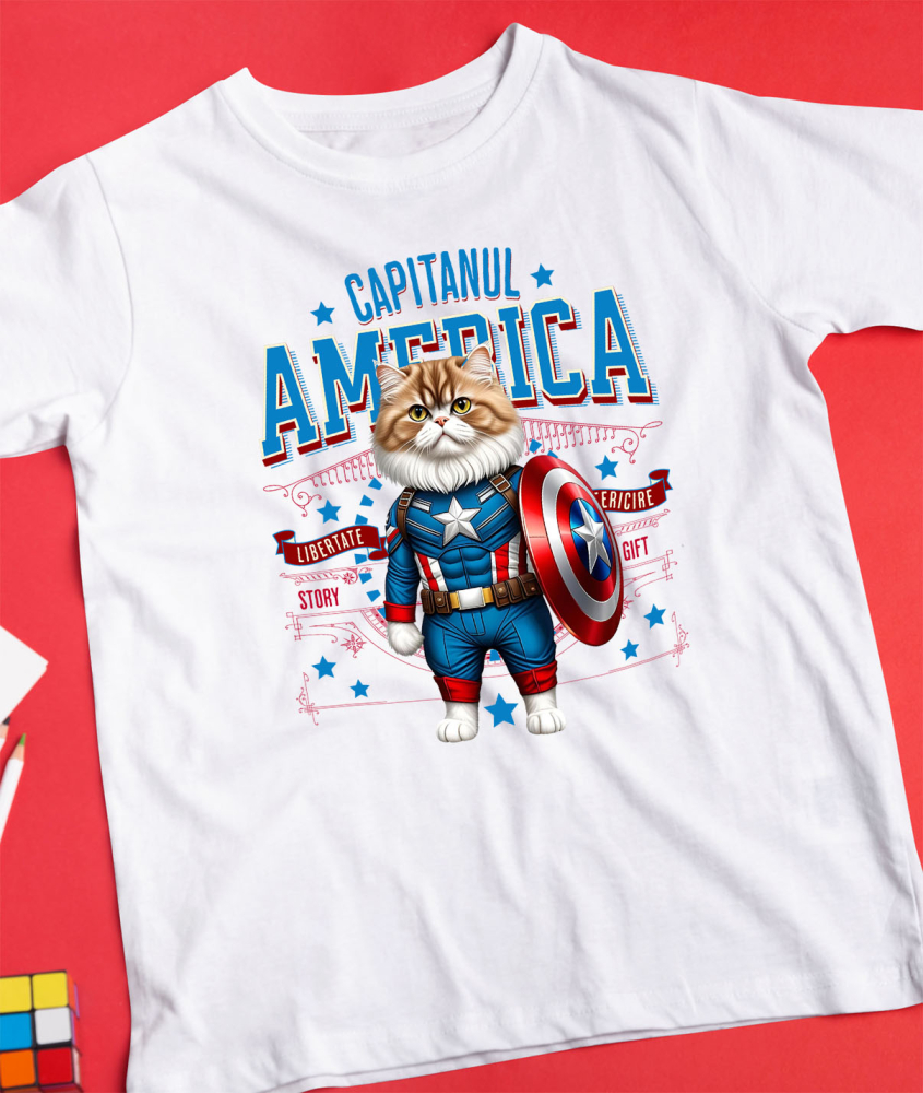 Tricou Femei, Barbati, Copii, Fata, Baiat, Unisex Personalizat Pisica Persan în Costum de Captain America cu Pelerină - Cadou Personalizat pentru Copii și Iubitorii de Pisici [3]
