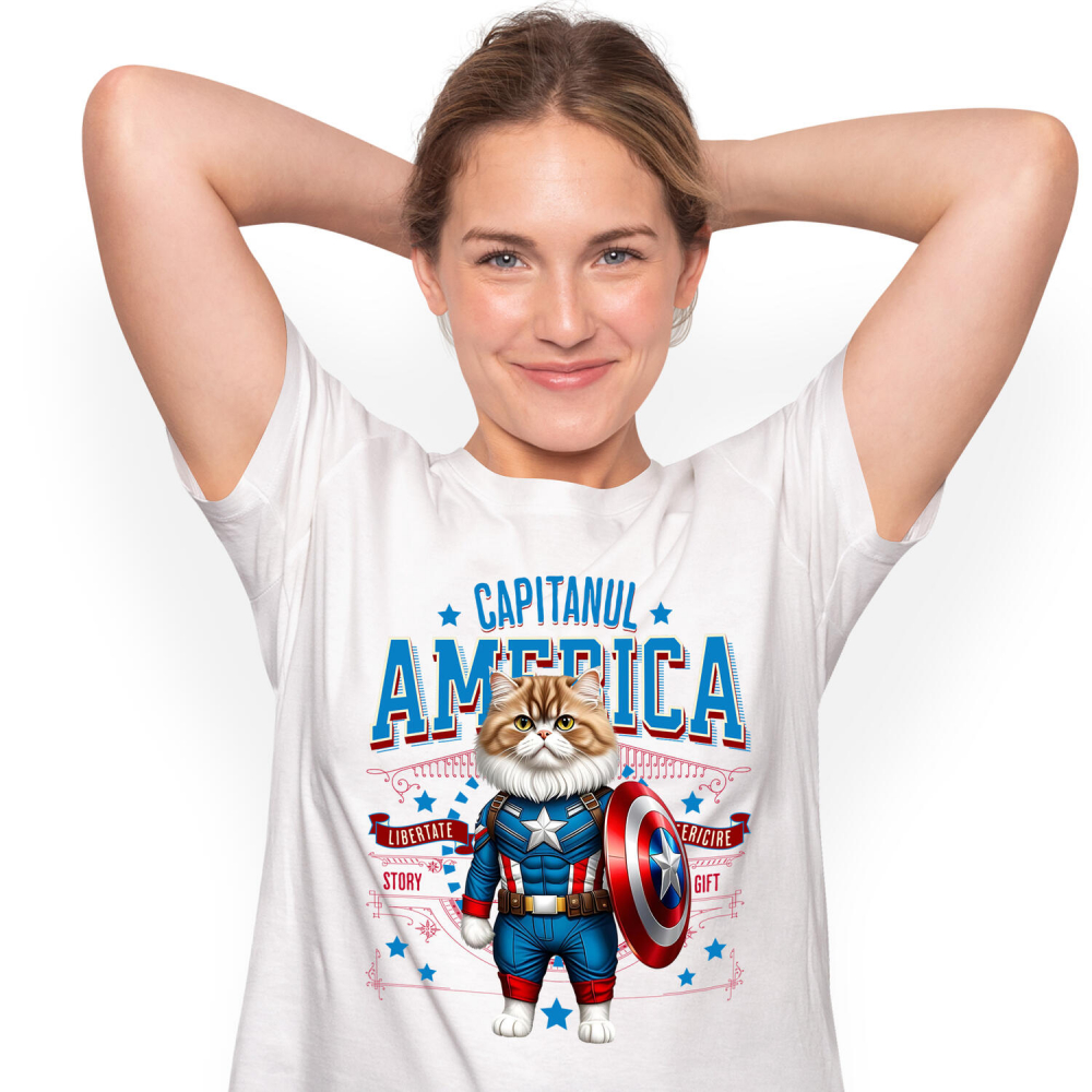 Tricou Femei, Barbati, Copii, Fata, Baiat, Unisex Personalizat Pisica Persan în Costum de Captain America cu Pelerină - Cadou Personalizat pentru Copii și Iubitorii de Pisici [1]