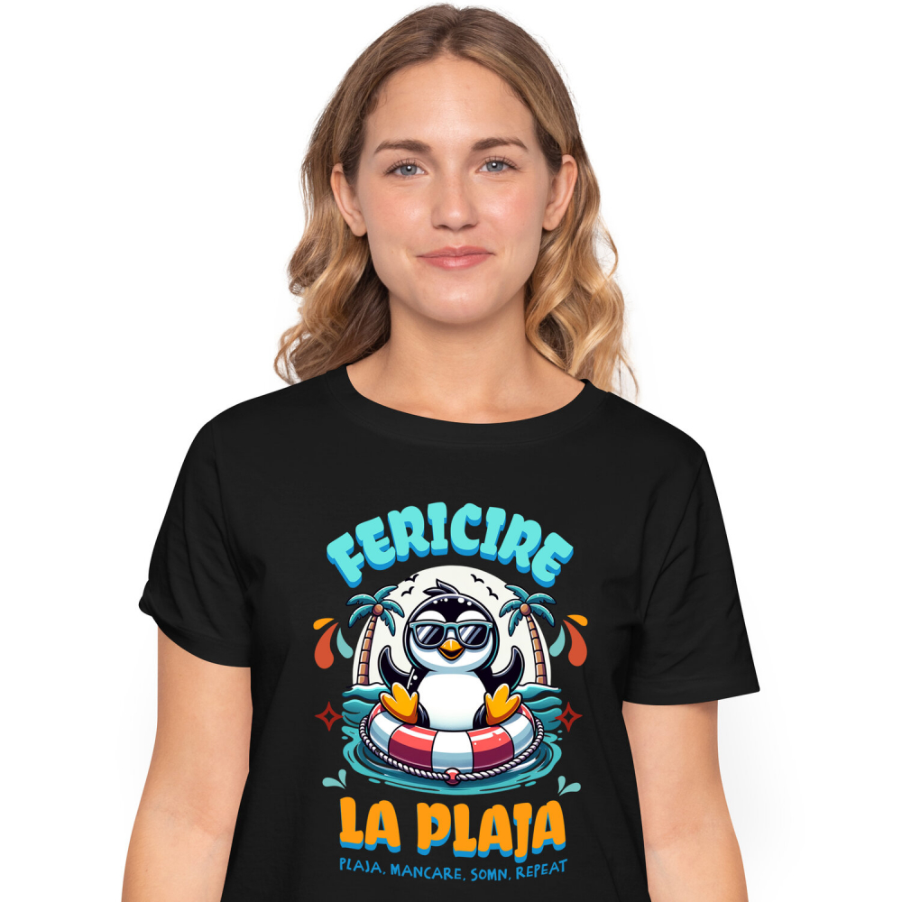 Tricou Femei, Barbati, Copii, Fata, Baiat, Unisex Personalizat "Produse personalizate pentru vacanță – Pinguin cu ochelari de soare pe plaja tropicala pentru familie și copii" [1]