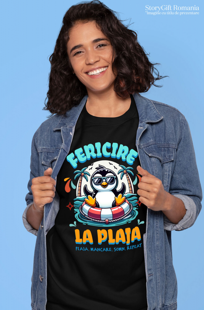 Tricou Femei, Barbati, Copii, Fata, Baiat, Unisex Personalizat "Produse personalizate pentru vacanță – Pinguin cu ochelari de soare pe plaja tropicala pentru familie și copii" [2]