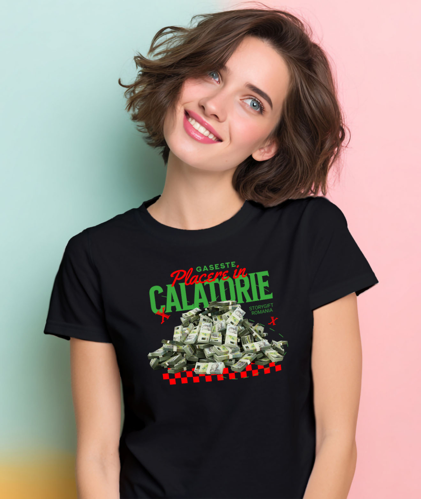 Tricou Femei, Barbati, Copii, Fata, Baiat, Unisex Personalizat Piramidă Teanc de Bani 500 Lei – „Găsește Plăcerea în Călătorie” – Cadou Personalizat pentru Familie, Copii, Tati, Prieteni [2]