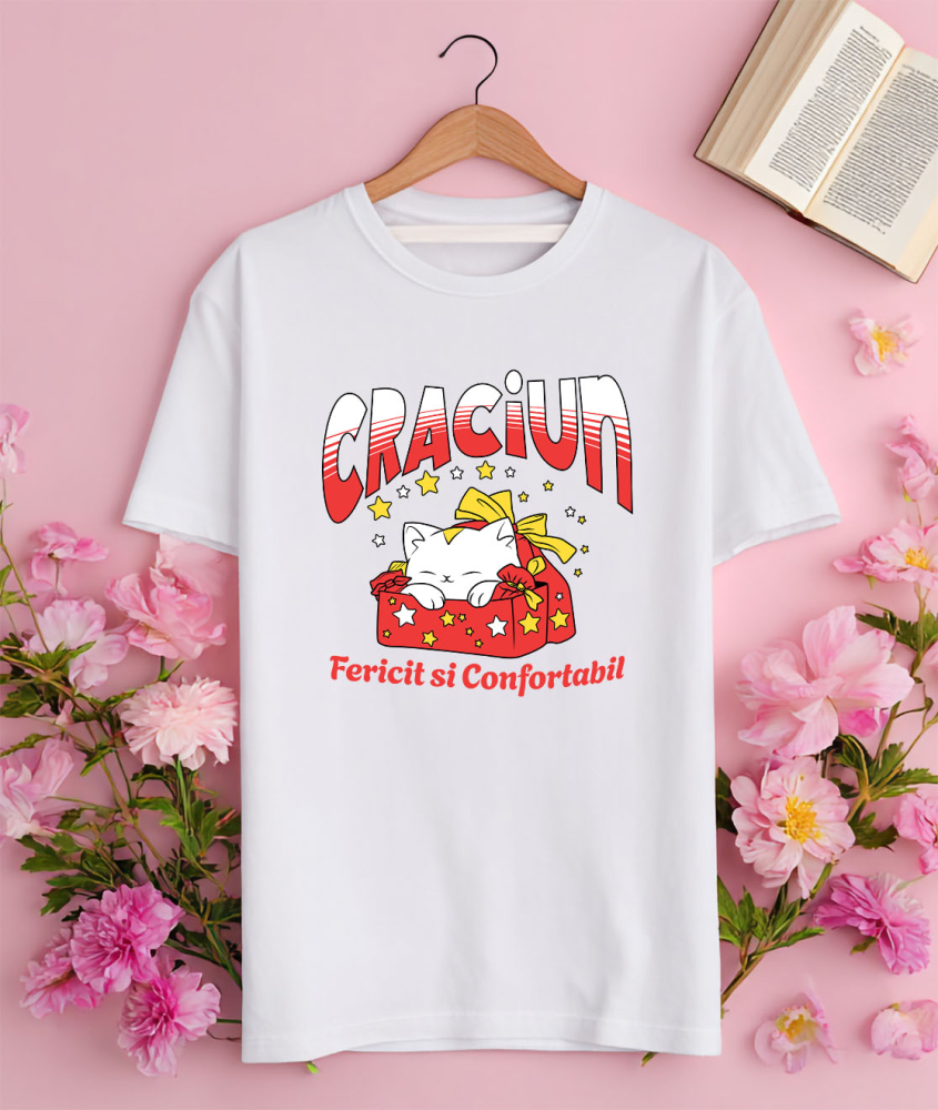 Tricou Femei, Barbati, Copii, Fata, Baiat, Unisex Personalizat Pisica Albă în Cutie de Cadou Roșie – Crăciun Fericit și Confortabil [3]